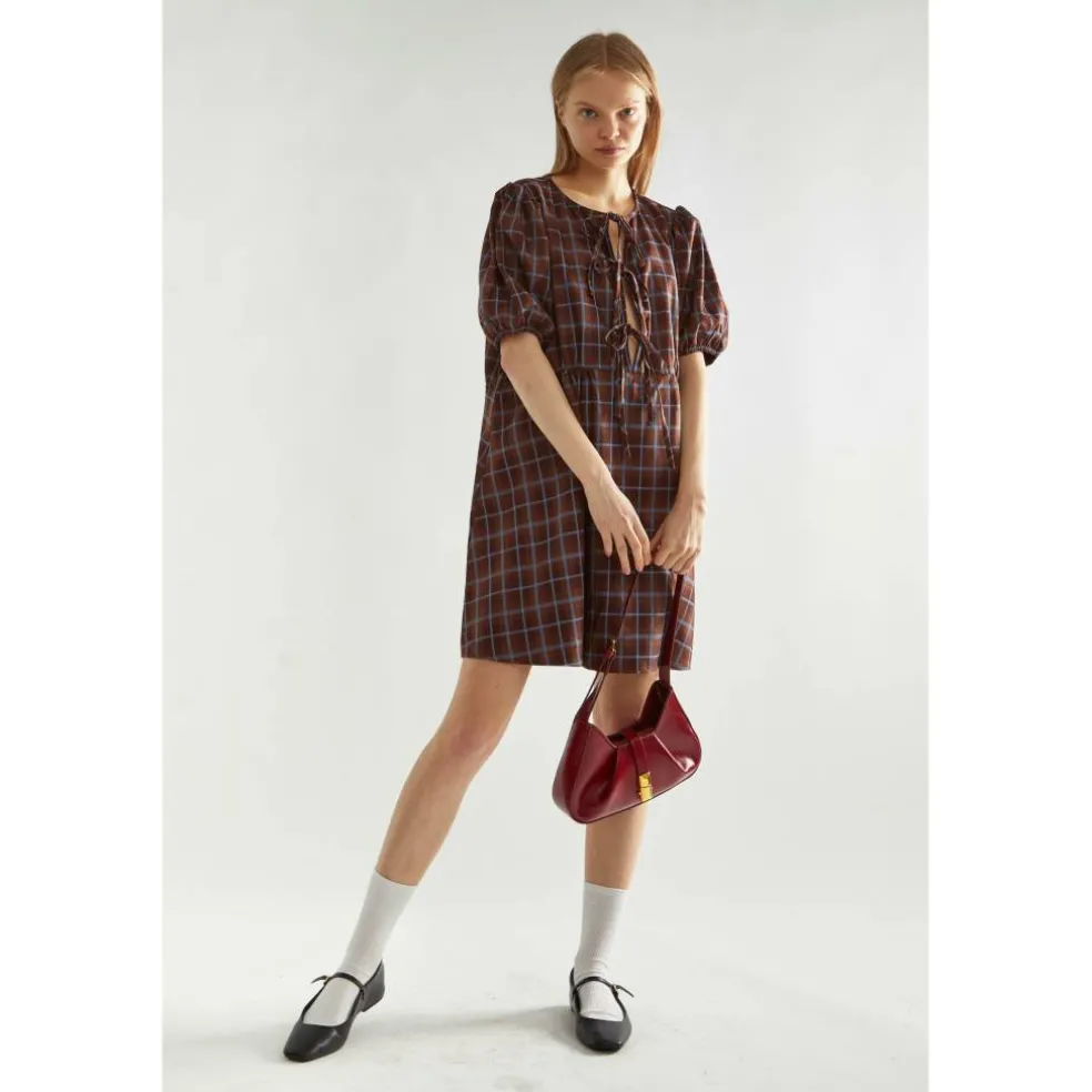 Brown-Blue Check Tie-Front Mini-Dress