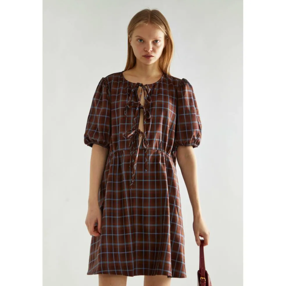 Brown-Blue Check Tie-Front Mini-Dress