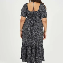 BS Plus Size Tiered Floral Midi Dress with Adjustable Sleeves