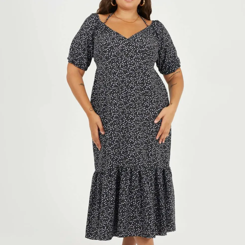 BS Plus Size Tiered Floral Midi Dress with Adjustable Sleeves