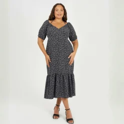 BS Plus Size Tiered Floral Midi Dress with Adjustable Sleeves