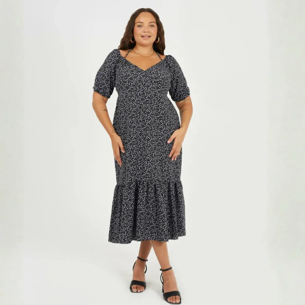 BS Plus Size Tiered Floral Midi Dress with Adjustable Sleeves