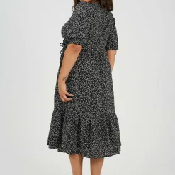 BS Plus Size Wrap Front Midi Dress with Puff Sleeves