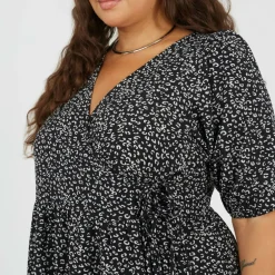 BS Plus Size Wrap Front Midi Dress with Puff Sleeves
