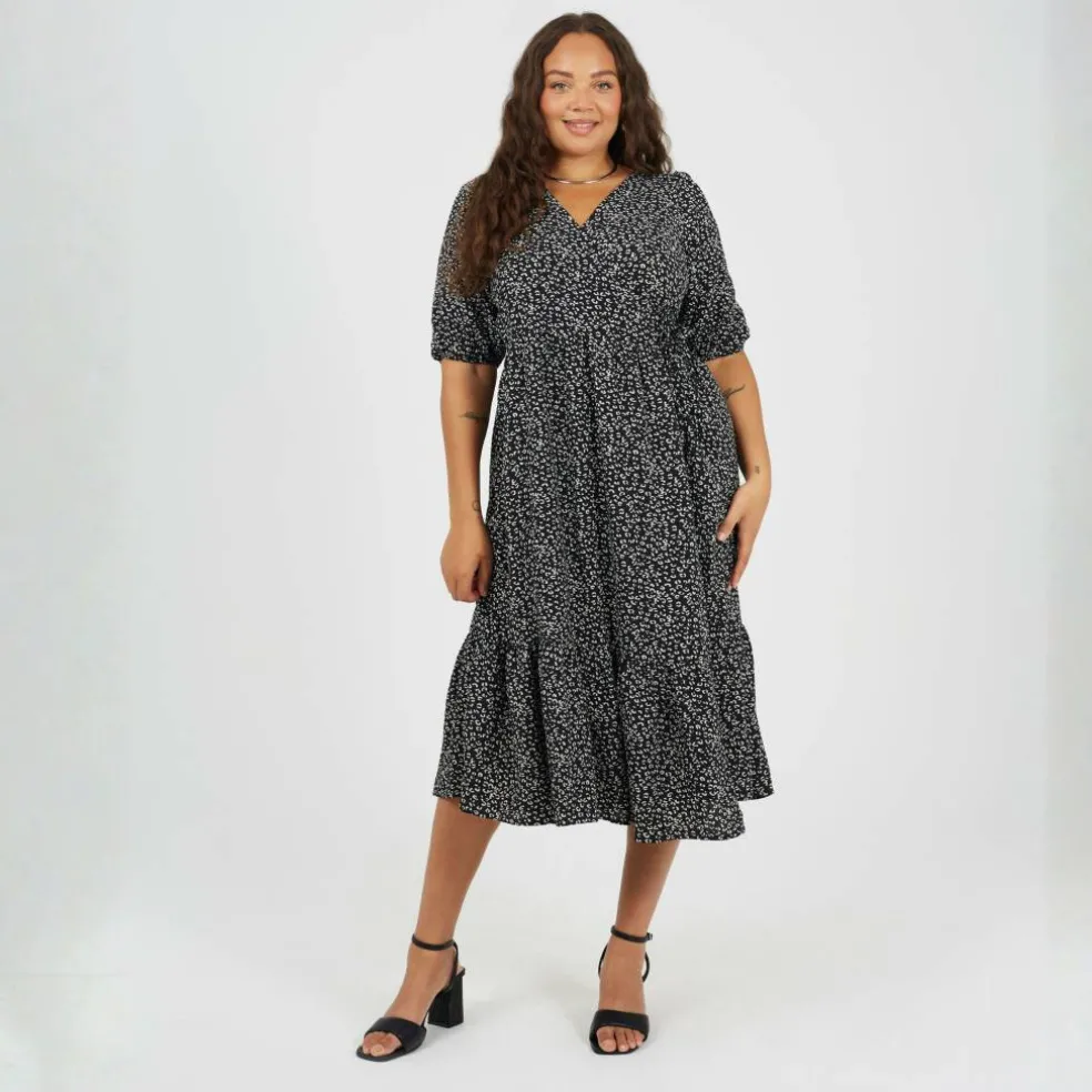 BS Plus Size Wrap Front Midi Dress with Puff Sleeves