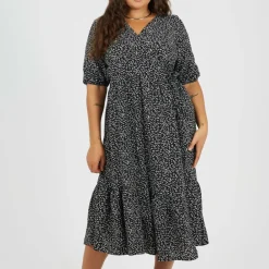BS Plus Size Wrap Front Midi Dress with Puff Sleeves
