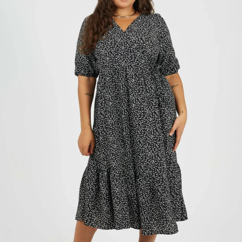 BS Plus Size Wrap Front Midi Dress with Puff Sleeves