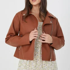 BS Womens Faux Leather Tan Biker Jacket