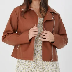 BS Womens Faux Leather Tan Biker Jacket