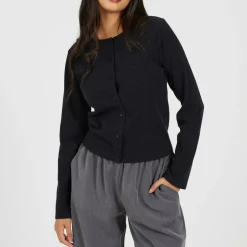 BS Womens Long Sleeve Ribbed Top with Button Down Front