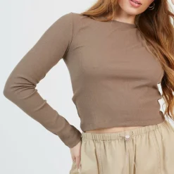 BS Womens Long Sleeve Ribbed Top with Round Neck