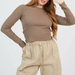 BS Womens Long Sleeve Ribbed Top with Round Neck