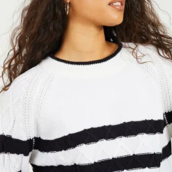 Cable Knit Crew Neck Jumper with Stripes