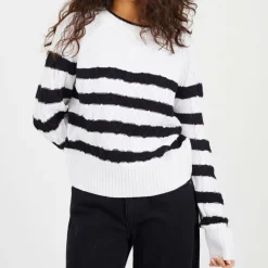 Cable Knit Crew Neck Jumper with Stripes