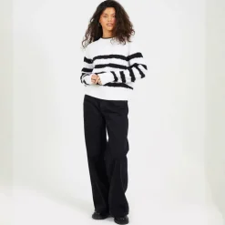 Cable Knit Crew Neck Jumper with Stripes
