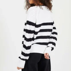 Cable Knit Crew Neck Jumper with Stripes
