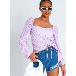 Checkerboard Print Ruched Front Top