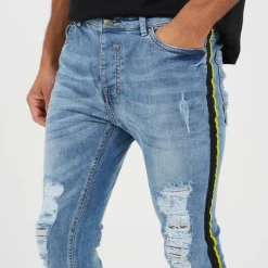 Distressed Denim Jean with Side Tape Detail