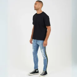Distressed Denim Jean with Side Tape Detail