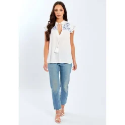 Embroidered Crinkle Blouse Womens