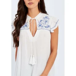 Embroidered Crinkle Blouse Womens