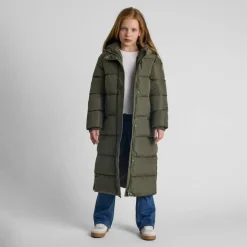 Girls long winter quilted coat side slits khaki