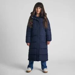 Girls long winter quilted coat fixed hood navy