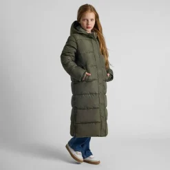 Girls long winter quilted coat side slits khaki