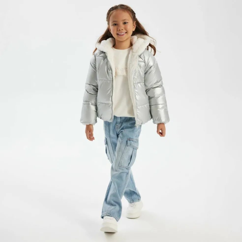 Girls padded reversible jacket metallic purple