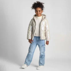 Girls quilted jacket with hood and zip pockets cream