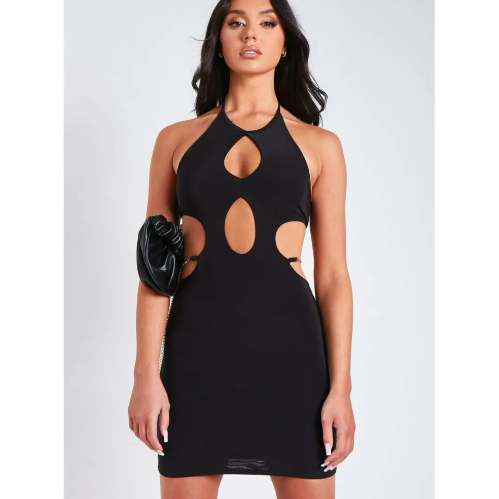 Halter Neck Cut Out Backless Chain Detail Mini Dress