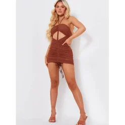 Halterneck Ruched Mesh Dress