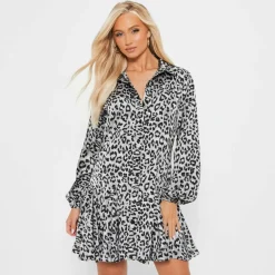 ISAWITFIRST Printed Frill Hem Satin Shirt Dress