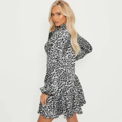ISAWITFIRST Printed Frill Hem Satin Shirt Dress