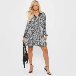 ISAWITFIRST Printed Frill Hem Satin Shirt Dress