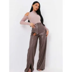 Keyhole Cut Out High Waisted PU Trousers