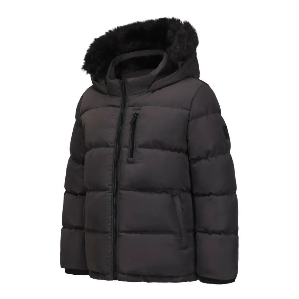 Kids' Double Zip Detachable Faux Fur Hood Fleece Lined Short Puffer Jacket