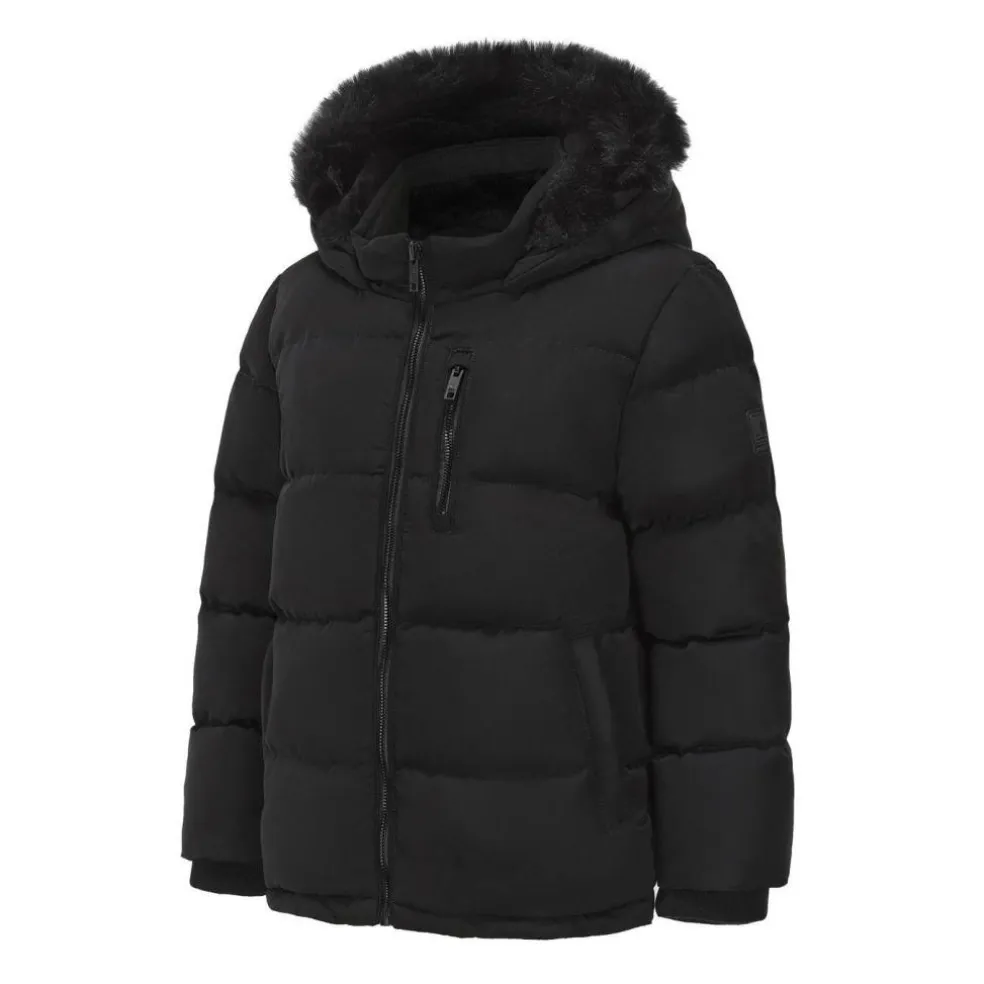 Kids' Double Zip Detachable Faux Fur Hood Fleece Lined Short Puffer Jacket