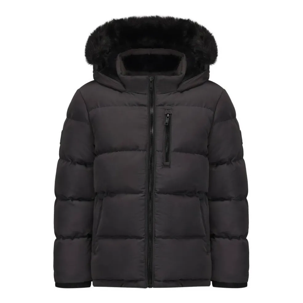 Kids' Double Zip Detachable Faux Fur Hood Fleece Lined Short Puffer Jacket
