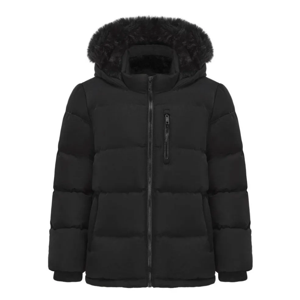 Kids' Double Zip Detachable Faux Fur Hood Fleece Lined Short Puffer Jacket