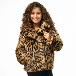 Kids' Leopard Print Faux Fur Long Sleeve Jacket
