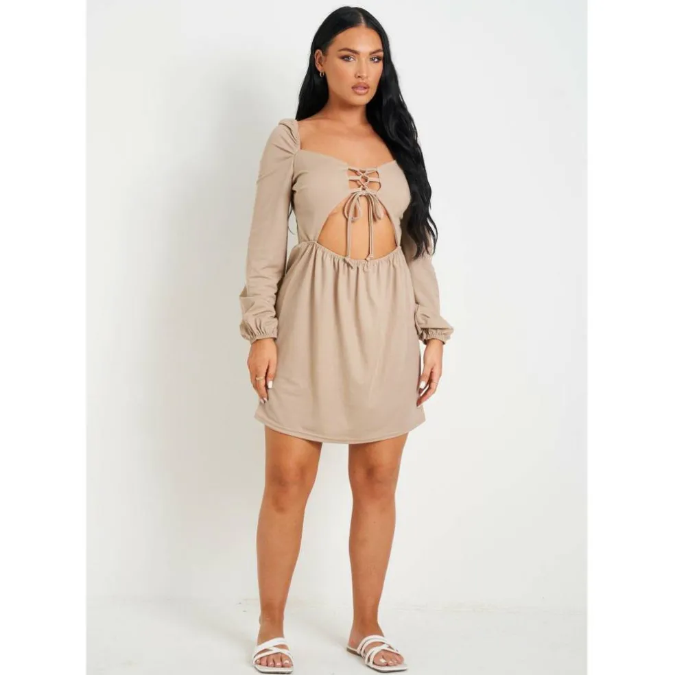 Lace Up Front Cut Out Long Sleeve Dress
