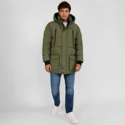 Men long jacket fleece lined zip pockets khaki