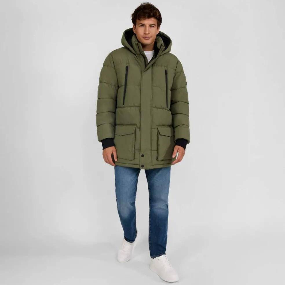 Men long jacket fleece lined zip pockets khaki