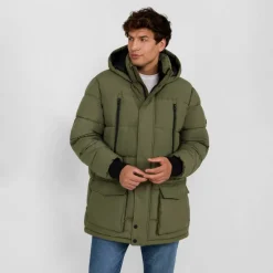 Men long jacket fleece lined zip pockets khaki