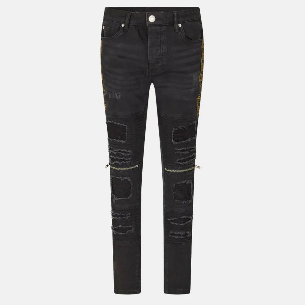 Mens Charcoal Wash Bike Jean with Multi Stitch Detail and Zips