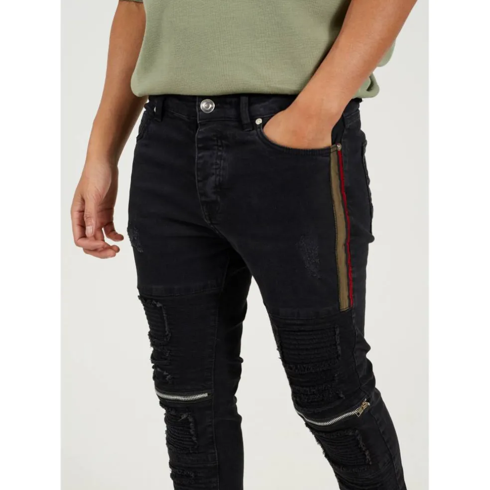 Mens Charcoal Wash Bike Jean with Multi Stitch Detail and Zips