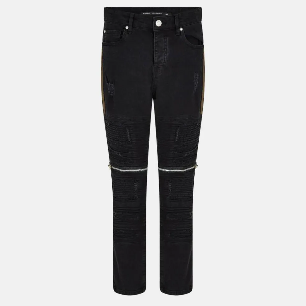 Mens Charcoal Wash Bike Jean with Multi Stitch Detail and Zips
