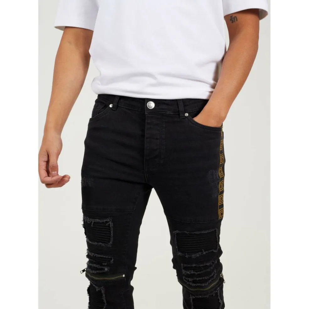 Mens Charcoal Wash Bike Jean with Multi Stitch Detail and Zips