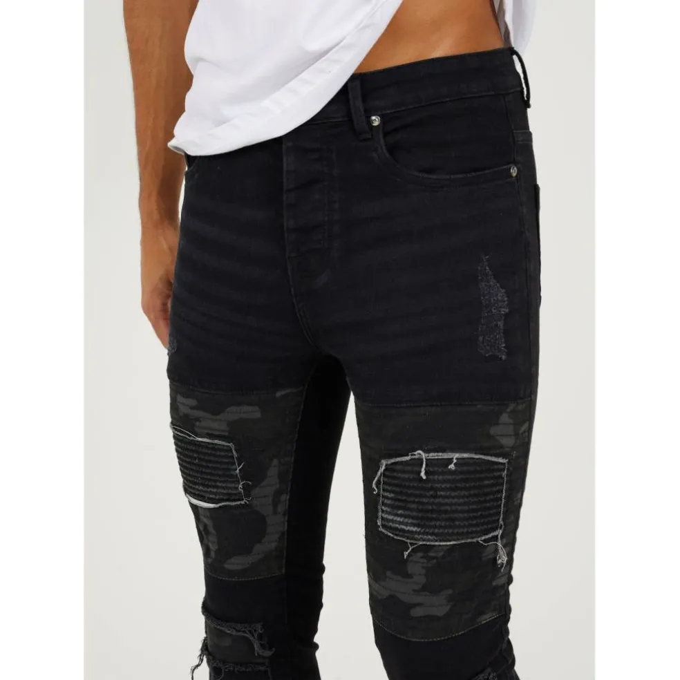 Mens Charcoal Wash Biker Jean with Cut Out Knee Details
